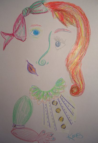 Child's finished Cubist crayon portrait with mismatched eyes and colorful hair
